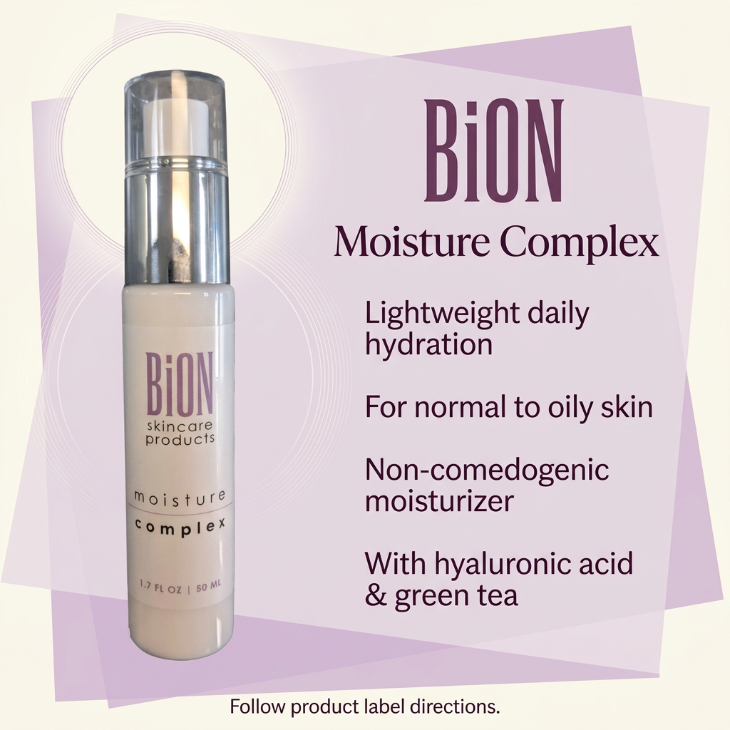 BiON Moisture Complex informative graphic highlighting lightweight hydration, hyaluronic acid and green tea for normal to oily skin