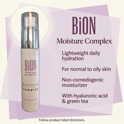 BiON Moisture Complex informative graphic highlighting lightweight hydration, hyaluronic acid and green tea for normal to oily skin