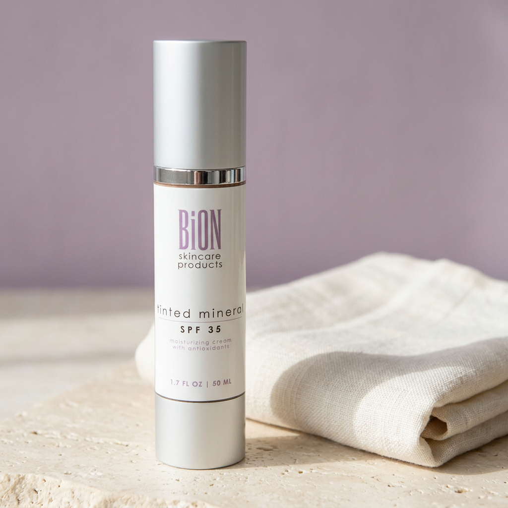 BiON Tinted Mineral SPF 35 silver bottle on pale stone beside ivory linen and lilac backdrop
