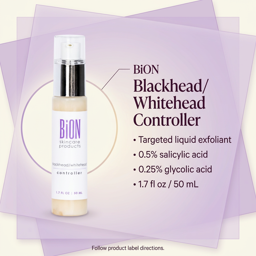 BiON Blackhead Whitehead Controller liquid exfoliant ingredient and size infographic