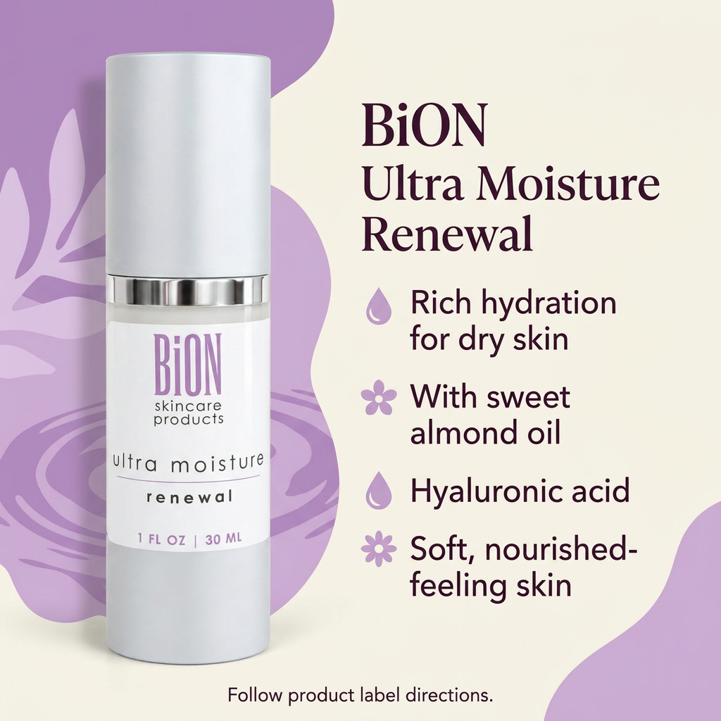 BiON Ultra Moisture Renewal informative graphic highlighting sweet almond oil and hyaluronic acid for dry skin