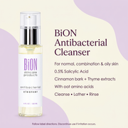 BiON Antibacterial Cleanser informative graphic with 0.5% salicylic acid, cinnamon bark, thyme and oat amino acids for normal, combination and oily skin