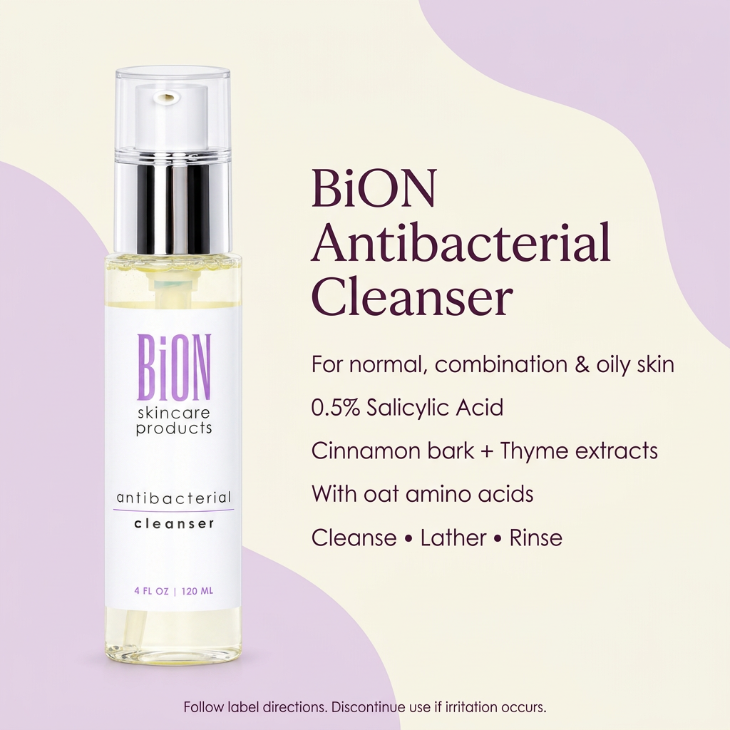 BiON Antibacterial Cleanser informative graphic with 0.5% salicylic acid, cinnamon bark, thyme and oat amino acids for normal, combination and oily skin