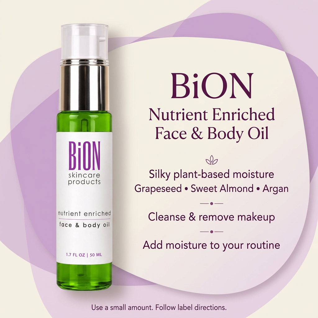BiON Nutrient Enriched Face and Body Oil informative graphic featuring grapeseed, sweet almond and argan oils