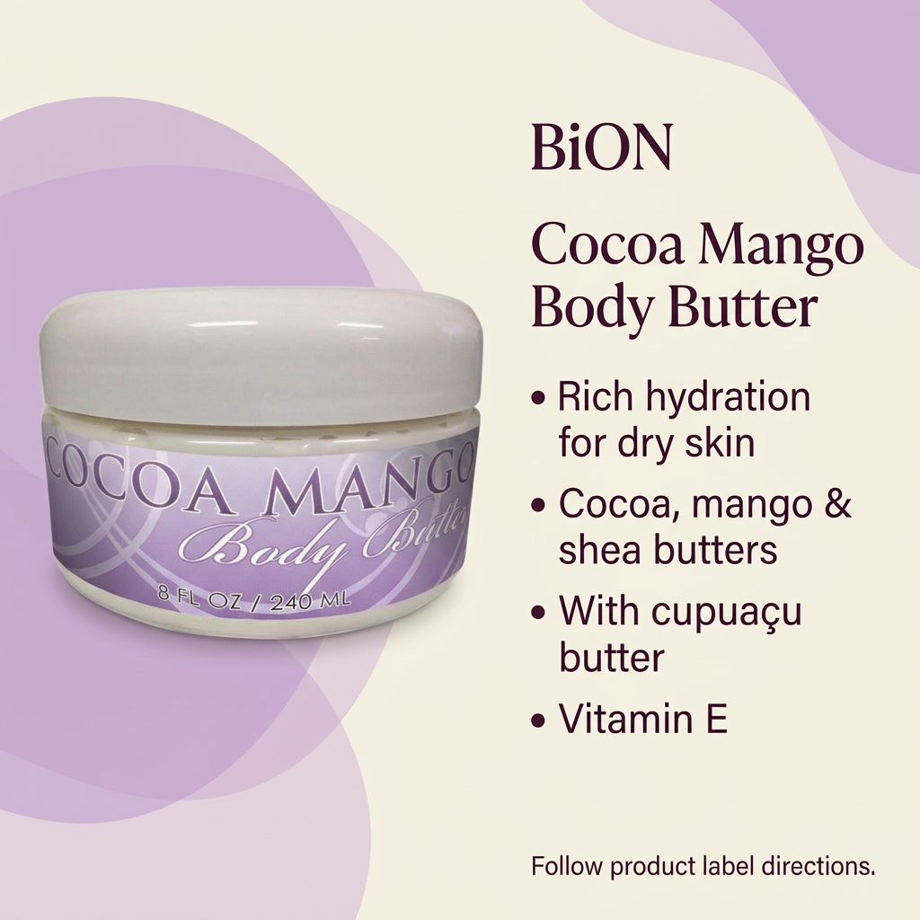 BiON Cocoa Mango Body Butter informative graphic highlighting cocoa, mango, shea and cupuaçu butters with vitamin E