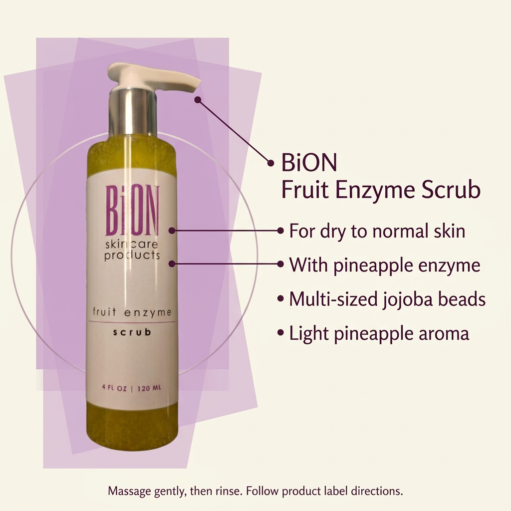 BiON Fruit Enzyme Scrub informative image highlighting pineapple enzyme and jojoba beads for dry to normal skin