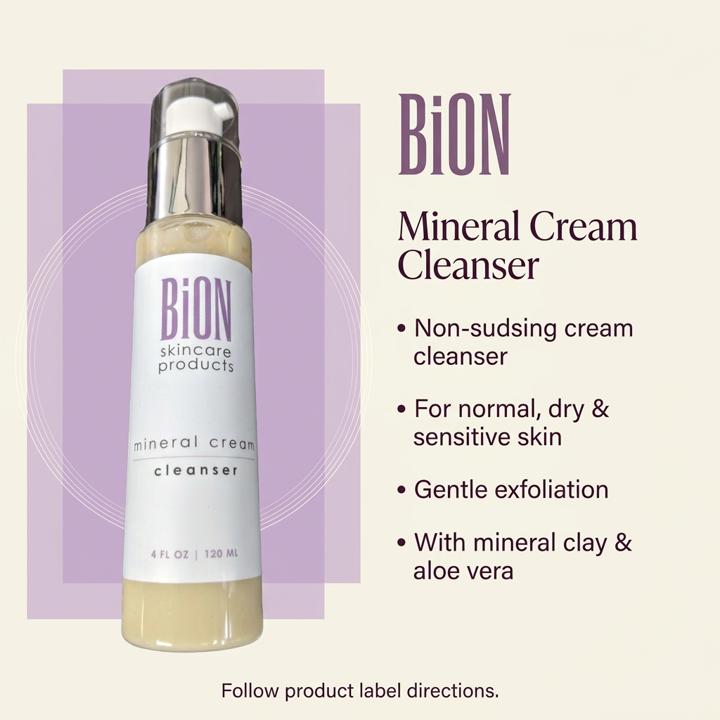 BiON Mineral Cream Cleanser informative graphic highlighting non-sudsing cleansing, gentle exfoliation, mineral clay and aloe vera