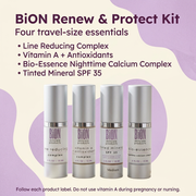 BiON Renew & Protect Kit informative graphic listing its four travel-size skincare essentials