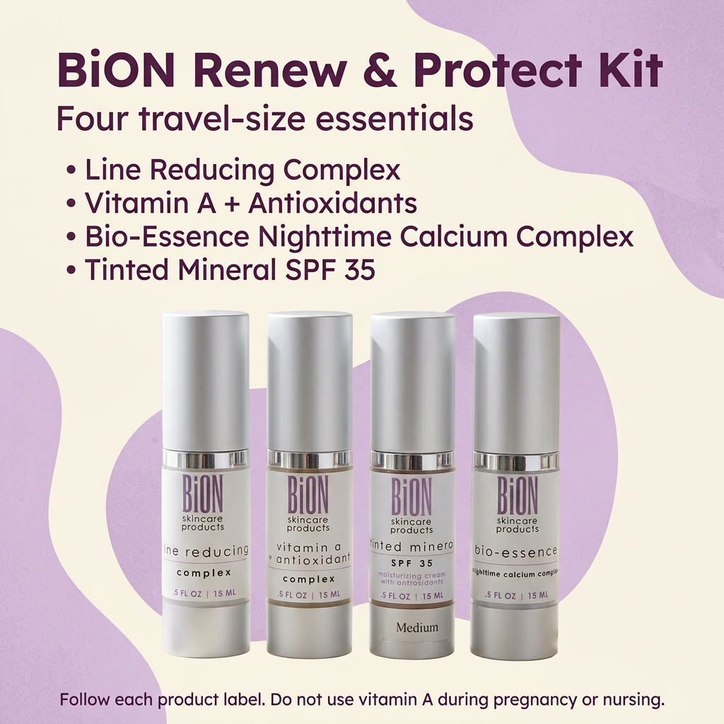 BiON Renew & Protect Kit informative graphic listing its four travel-size skincare essentials