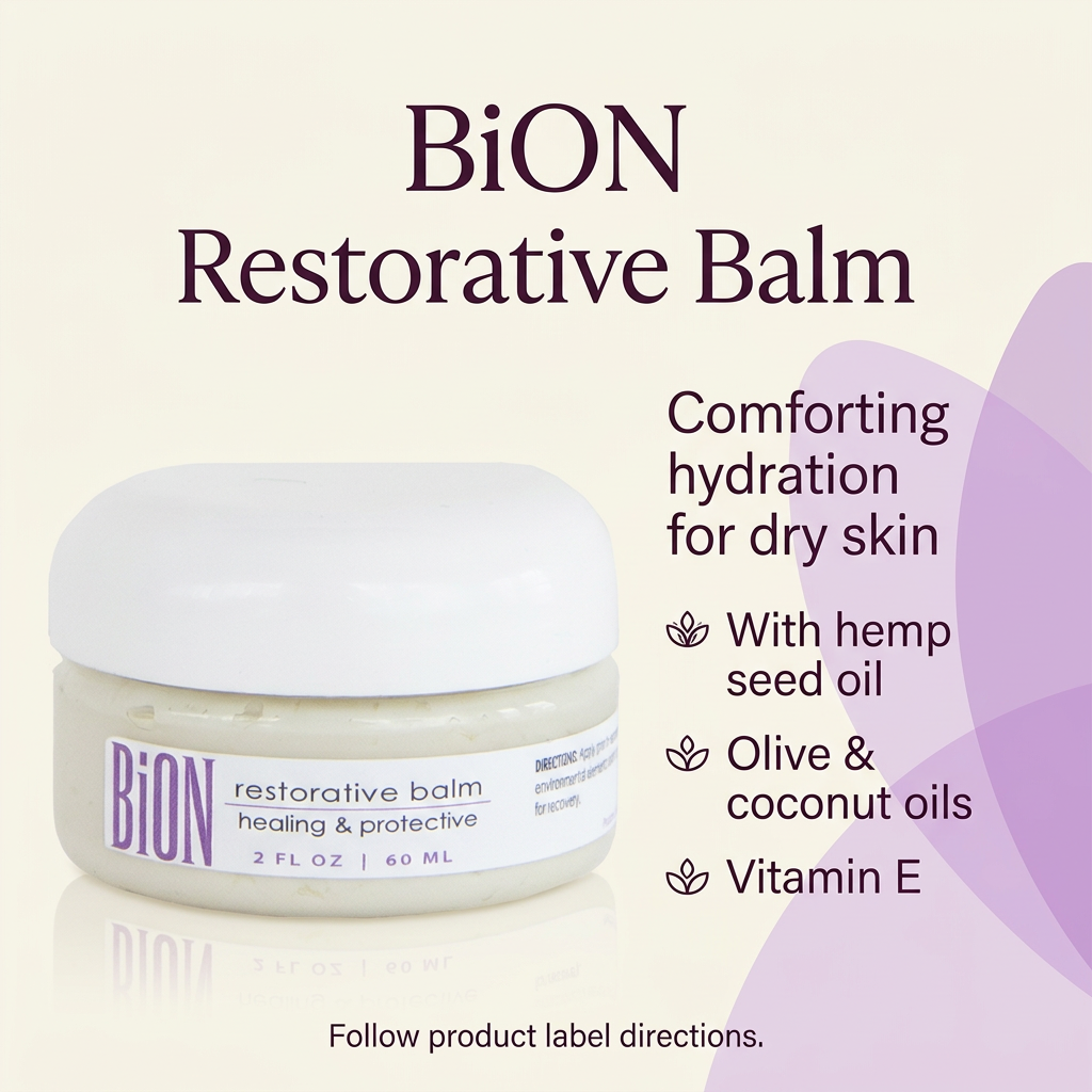 BiON Restorative Balm informative graphic highlighting hydration, hemp seed oil, olive and coconut oils, and vitamin E