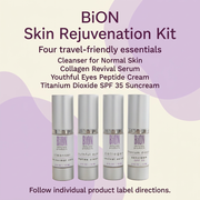 BiON Skin Rejuvenation Kit informative graphic listing four travel-friendly skincare essentials