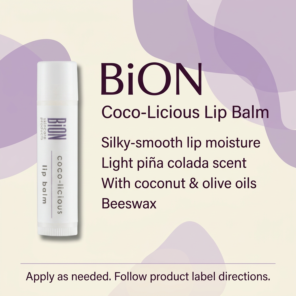 BiON Coco-Licious Lip Balm informative graphic highlighting piña colada scent, coconut and olive oils, and beeswax