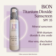 BiON Titanium Dioxide Sunscreen SPF 35 informative graphic highlighting mineral filters, aloe vera, shea butter and vitamin E