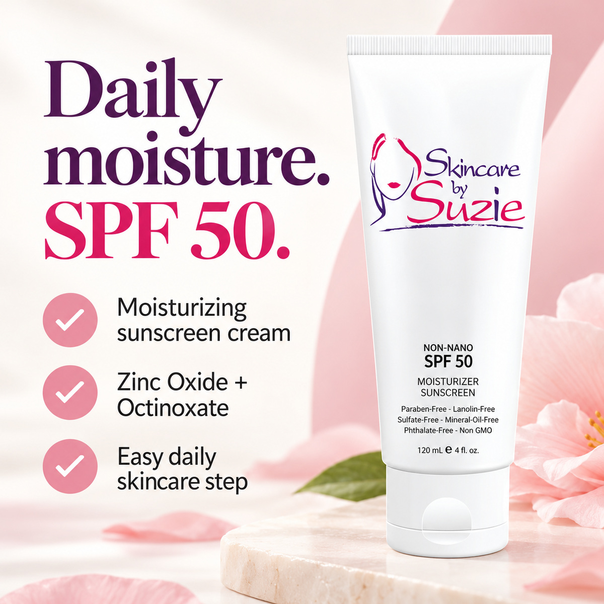 Moisturizer Sunscreen SPF 50 Cream with zinc oxide and octinoxate benefits graphic