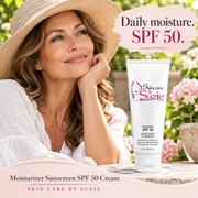 Woman wearing a sun hat beside Skin Care By Suzie SPF 50 Cream