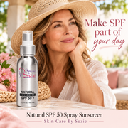 Woman wearing sun hat beside Natural SPF 50 Spray Sunscreen
