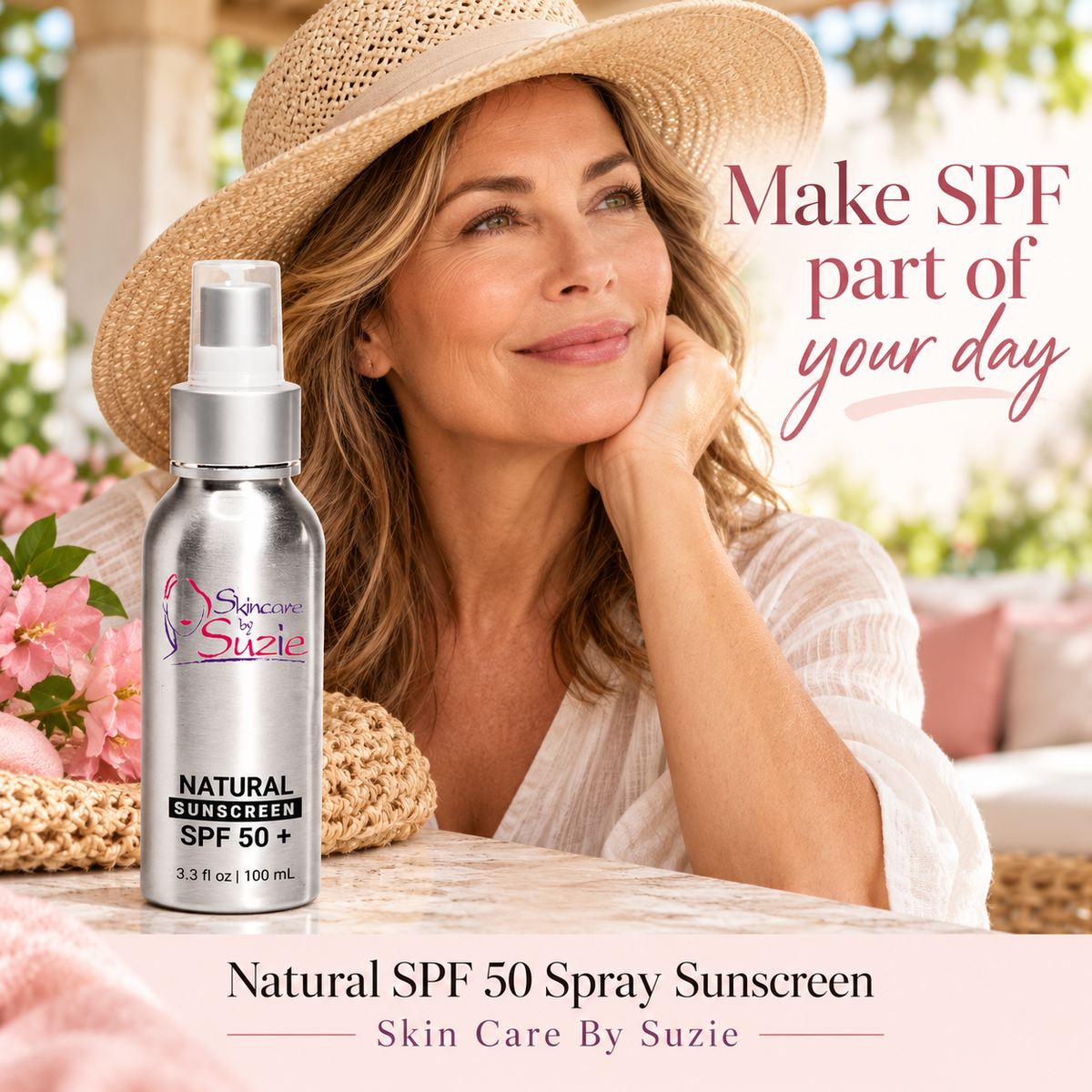 Woman wearing sun hat beside Natural SPF 50 Spray Sunscreen