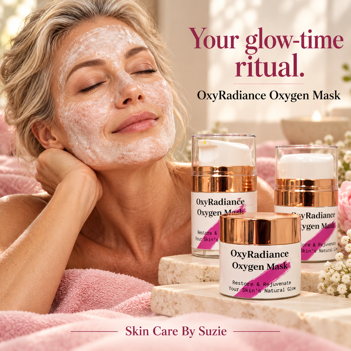 Mature woman wearing a foaming facial mask beside OxyRadiance Oxygen Mask products