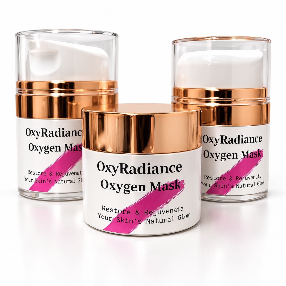 OxyRadiance Oxygen Mask jar and pump containers with rose gold details on white
