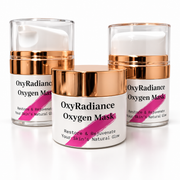 OxyRadiance Oxygen Mask jar and pump containers with rose gold details on white