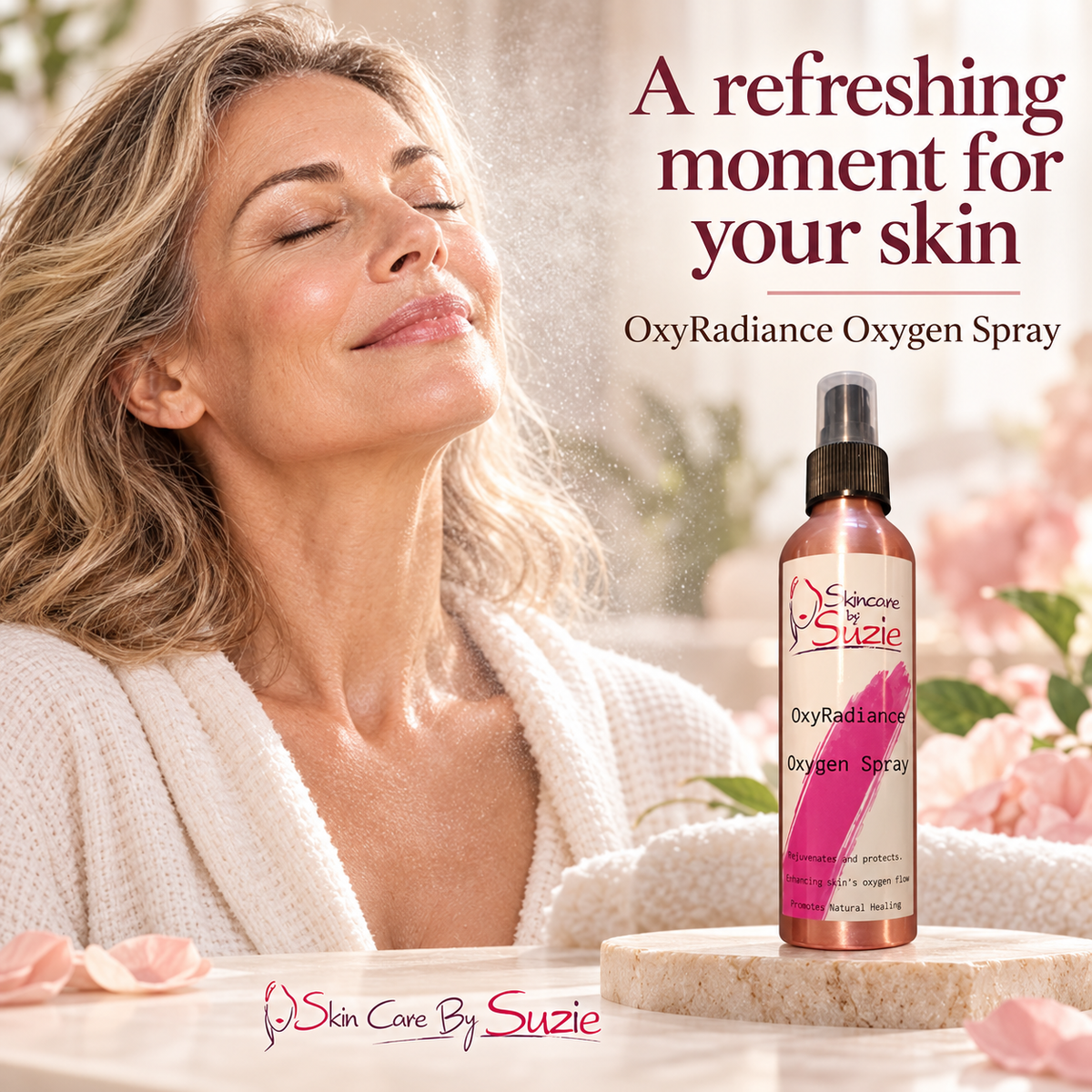 OxyRadiance Oxygen Spray beside a mature woman enjoying a refreshing facial mist