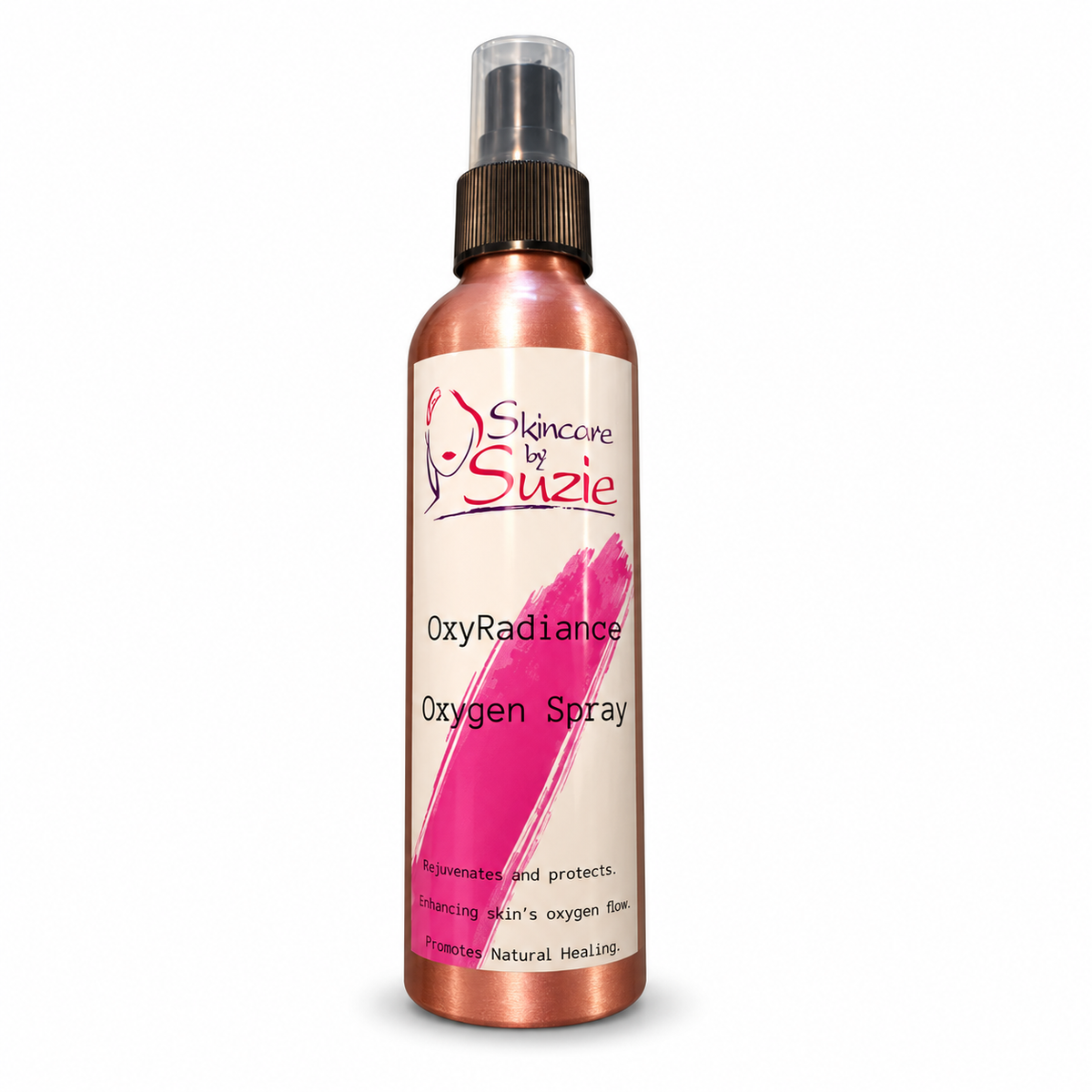 OxyRadiance Oxygen Spray by Skin Care By Suzie in a copper spray bottle on white