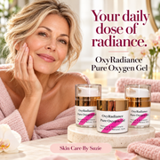 Mature woman beside OxyRadiance Pure Oxygen Gel skincare products