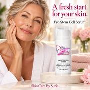 Skin Care By Suzie Pro Stem Cell Serum alongside mature woman in a skincare lifestyle image