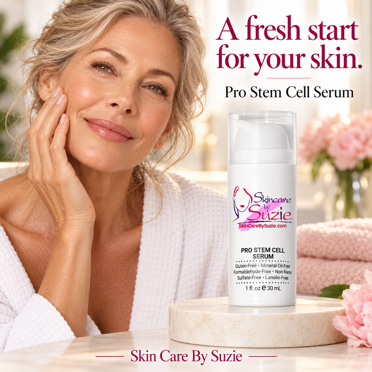Skin Care By Suzie Pro Stem Cell Serum alongside mature woman in a skincare lifestyle image