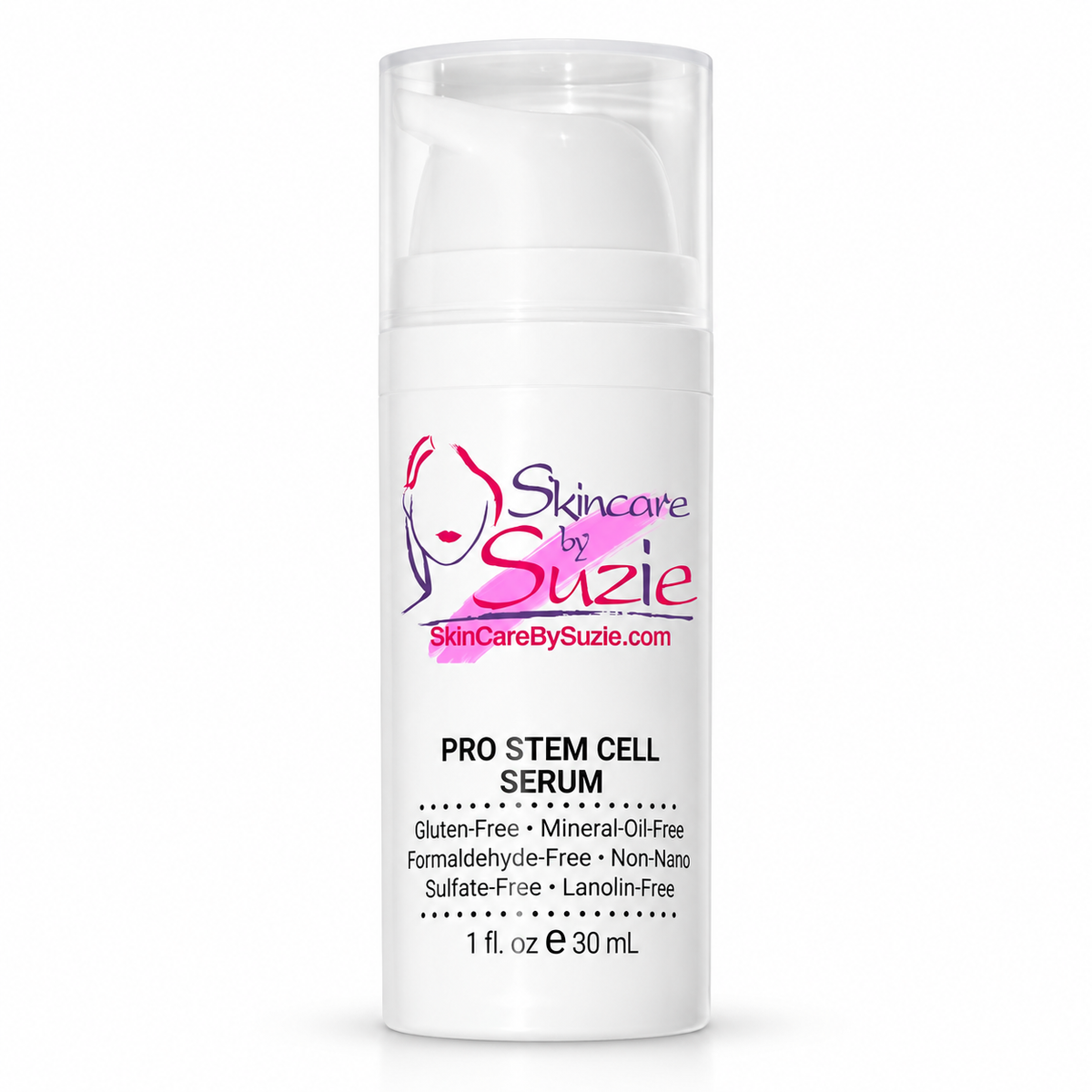 Skin Care By Suzie Pro Stem Cell Serum 30 mL white pump bottle on white background