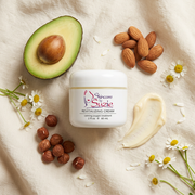 Revitalizing Cream flat lay with avocado, almonds, hazelnuts and chamomile
