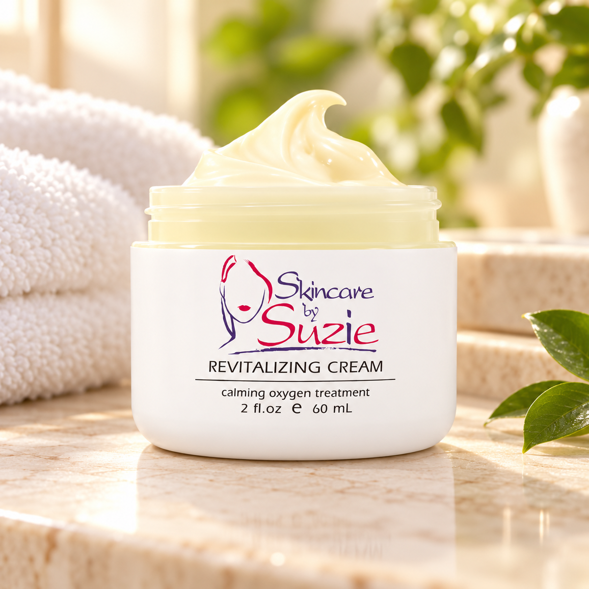 Revitalizing Cream by Skin Care By Suzie on a sunlit spa vanity
