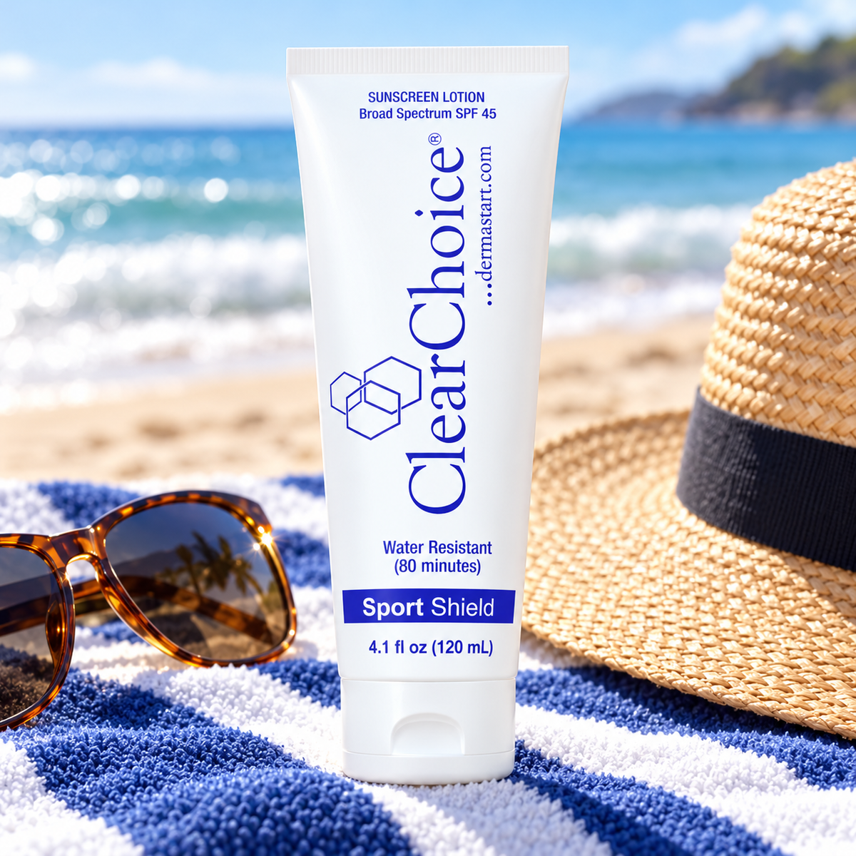 Clear Choice Sport Shield SPF 45 sunscreen with sunglasses and a sun hat at the beach