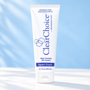 Clear Choice Sport Shield SPF 45 sunscreen tube on a light blue background