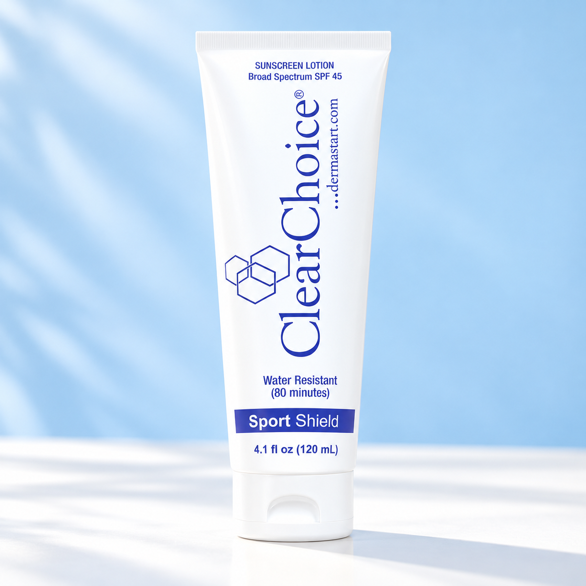 Clear Choice Sport Shield SPF 45 sunscreen tube on a light blue background