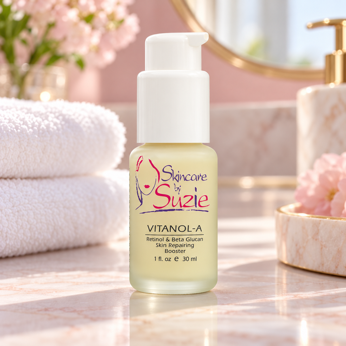 Vitanol-A retinol booster 1 oz on a pink bathroom vanity