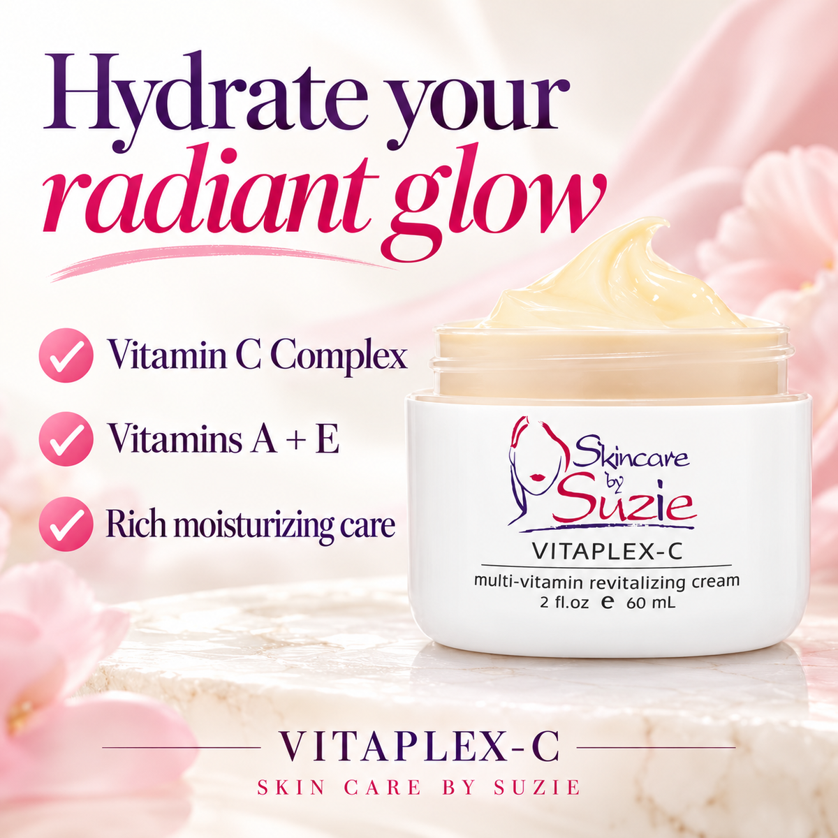 Vitaplex-C vitamin C face cream with vitamins A and E benefits graphic